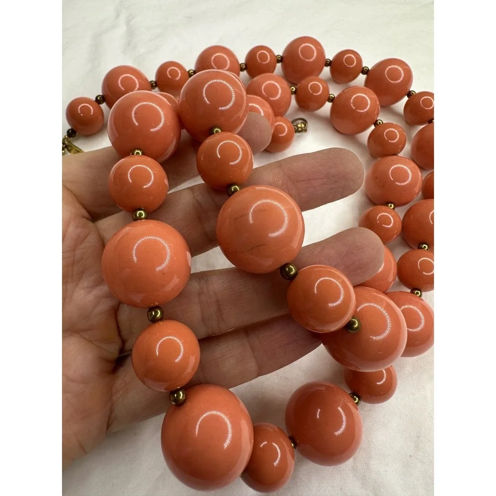 Kenneth J Lane necklace Beaded Orange Chunky Round Gold Tone Long 28" VTG - Picture 5 of 9